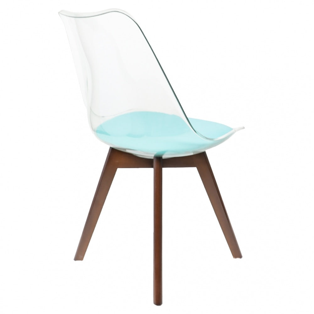 Soho Clear and Aqua Plastic Dining Chair with Squared Dark Wood Legs