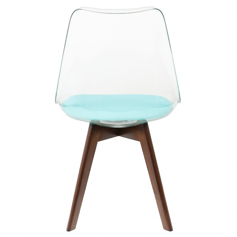 Soho Clear and Aqua Plastic Dining Chair with Squared Dark Wood Legs
