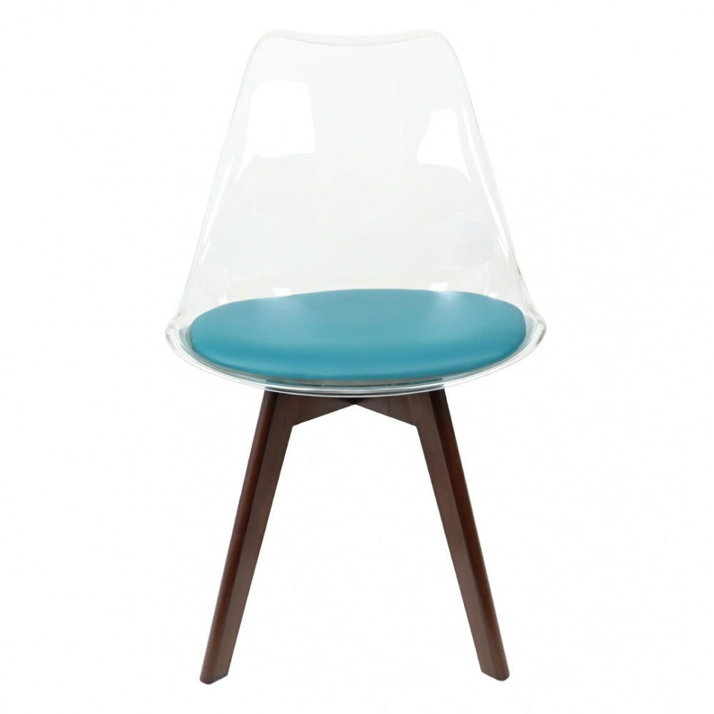 Soho Clear and Teal Plastic Dining Chair with Squared Dark Wood Legs