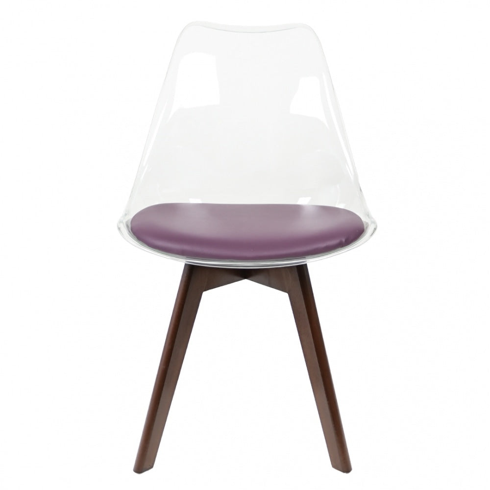Soho Clear and Aubergine Plastic Dining Chair with Squared Dark Wood Legs