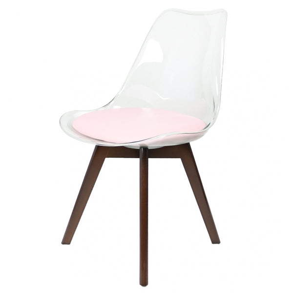 Soho Clear and Blush Pink Plastic Dining Chair with Squared Dark Wood Legs