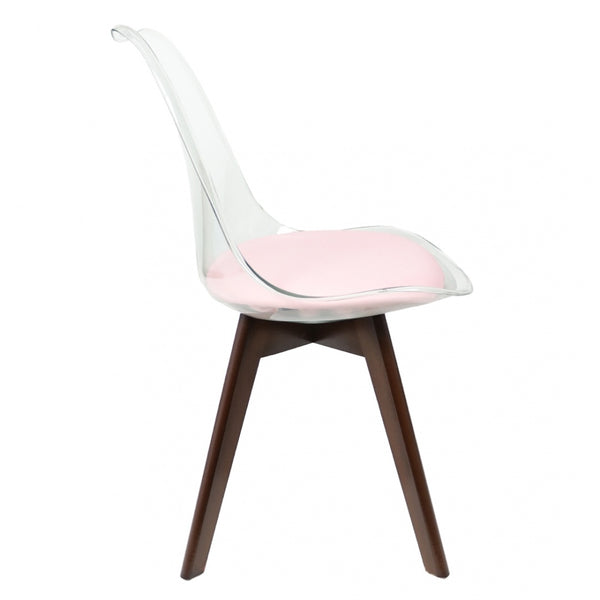 Soho Clear and Blush Pink Plastic Dining Chair with Squared Dark Wood Legs