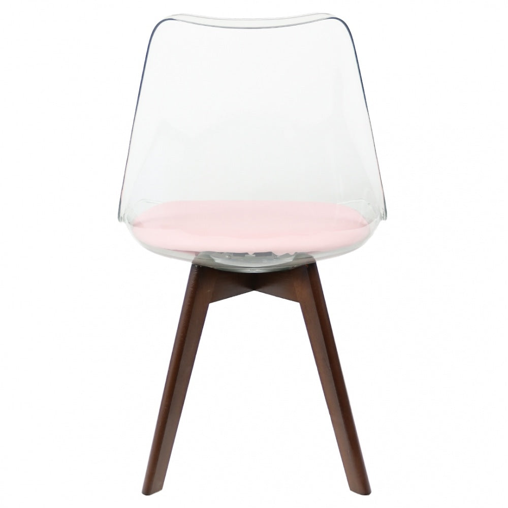 Soho Clear and Blush Pink Plastic Dining Chair with Squared Dark Wood Legs