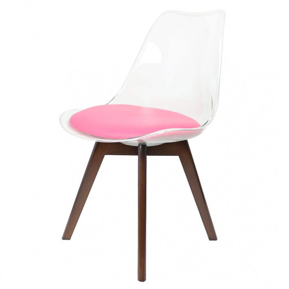 Soho Clear and Bright Pink Plastic Dining Chair with Squared Dark Wood Legs