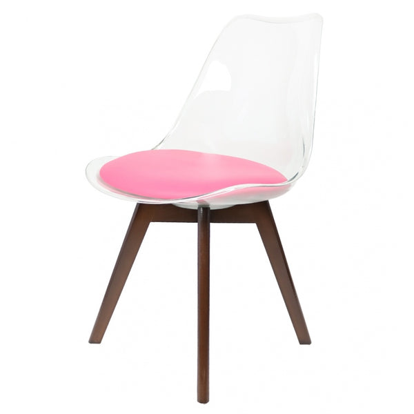 Soho Clear and Bright Pink Plastic Dining Chair with Squared Dark Wood Legs