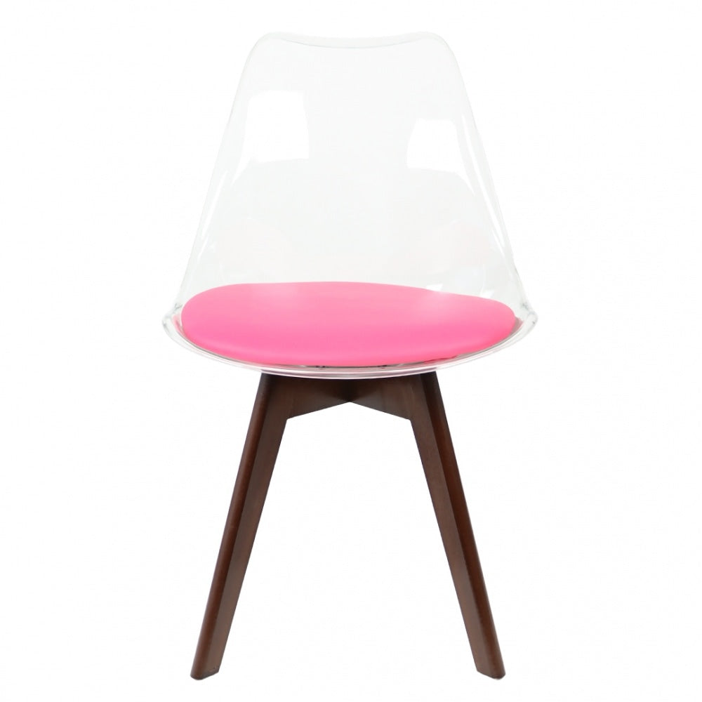 Soho Clear and Bright Pink Plastic Dining Chair with Squared Dark Wood Legs