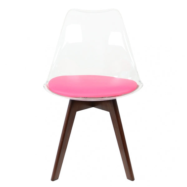 Soho Clear and Bright Pink Plastic Dining Chair with Squared Dark Wood Legs