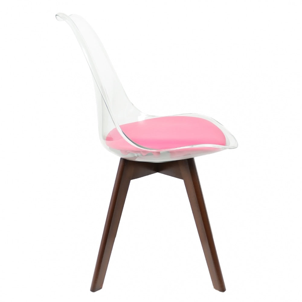 Soho Clear and Bright Pink Plastic Dining Chair with Squared Dark Wood Legs