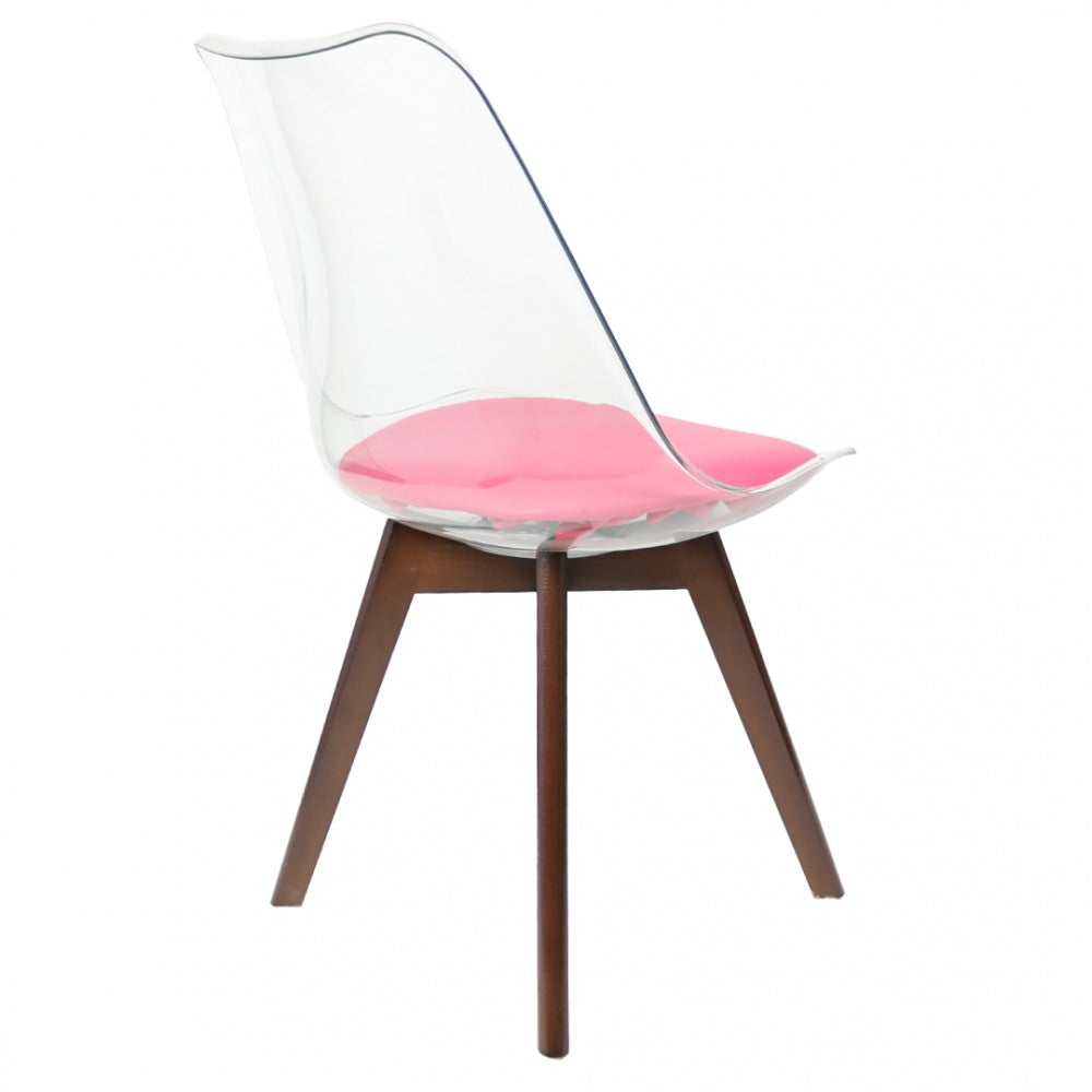 Soho Clear and Bright Pink Plastic Dining Chair with Squared Dark Wood Legs