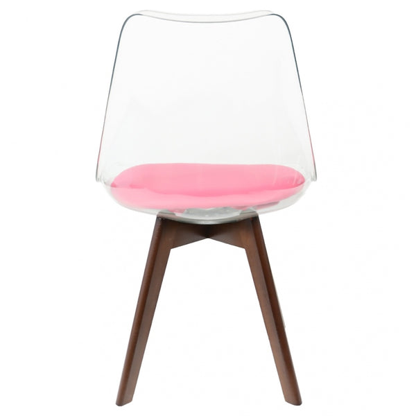 Soho Clear and Bright Pink Plastic Dining Chair with Squared Dark Wood Legs