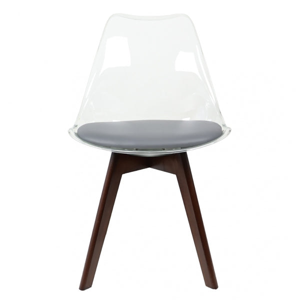 Soho Clear and Dark Grey Plastic Dining Chair with Squared Dark Wood Legs