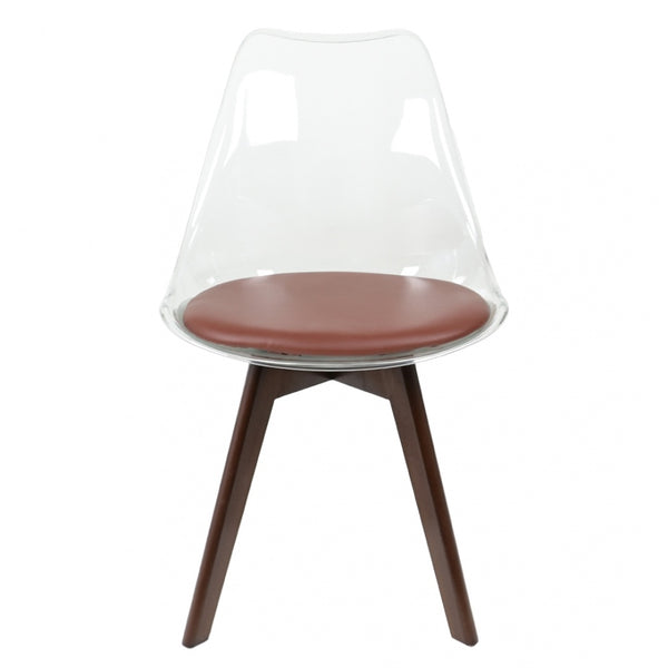 Soho Clear and Chocolate Plastic Dining Chair with Squared Dark Wood Legs