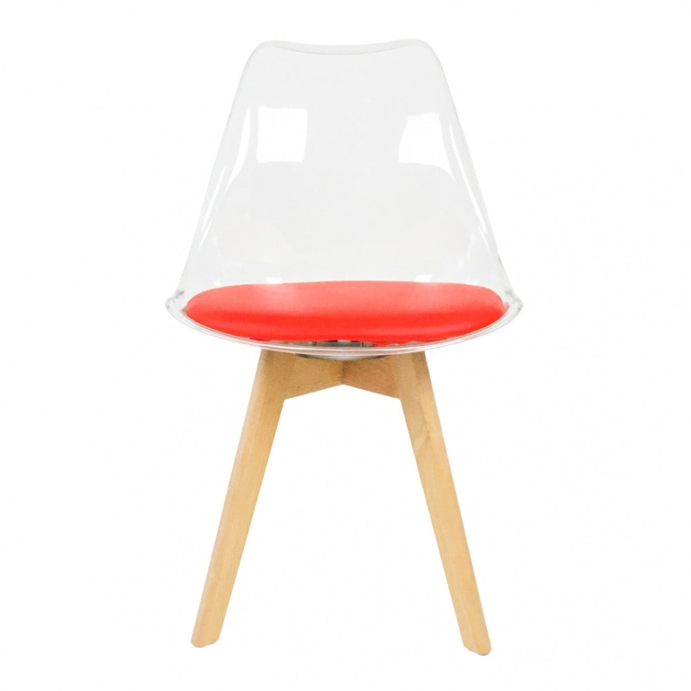 Soho Clear and Red Plastic Dining Chair with Squared Light Wood Legs