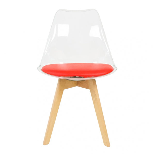 Soho Clear and Red Plastic Dining Chair with Squared Light Wood Legs
