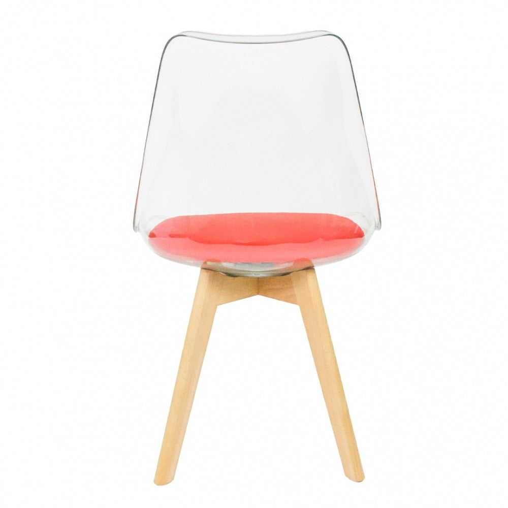 Soho Clear and Red Plastic Dining Chair with Squared Light Wood Legs