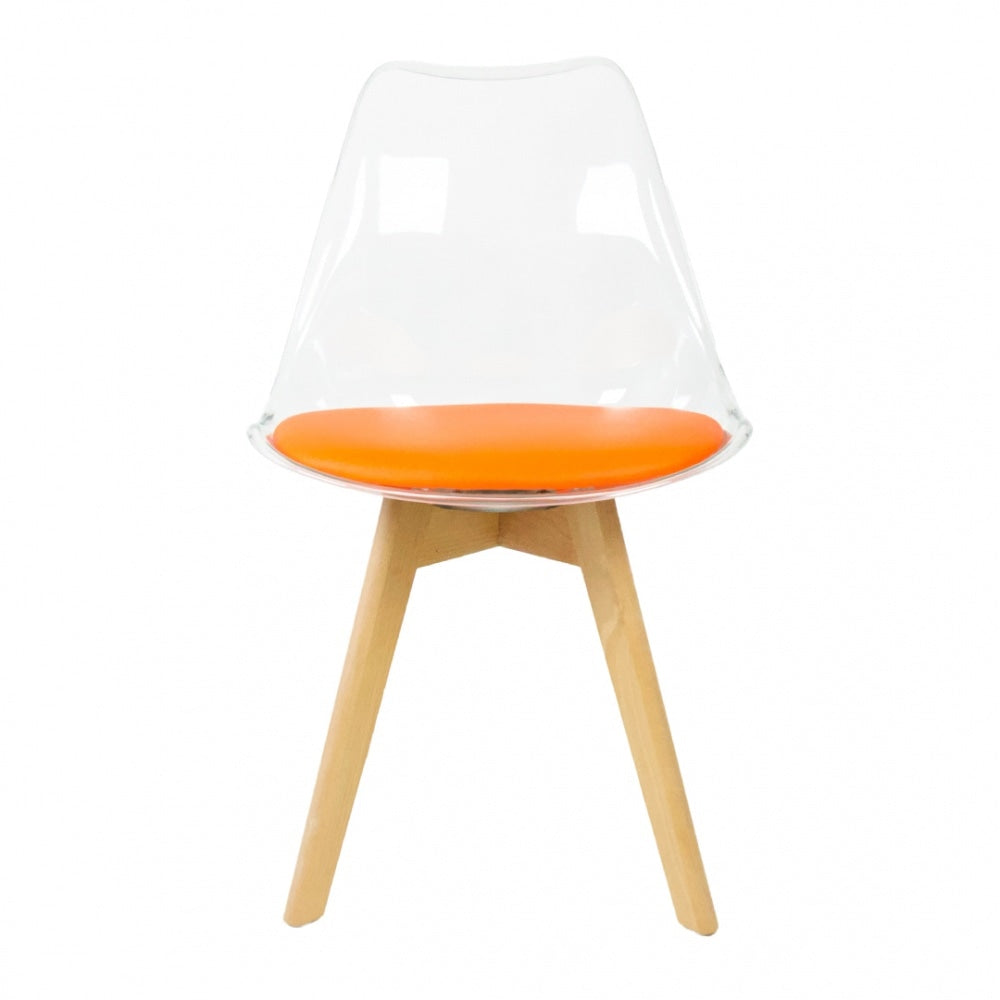 Soho Clear and Orange Plastic Dining Chair with Squared Light Wood Legs