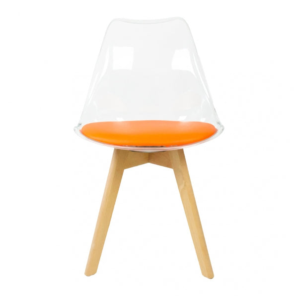 Soho Clear and Orange Plastic Dining Chair with Squared Light Wood Legs