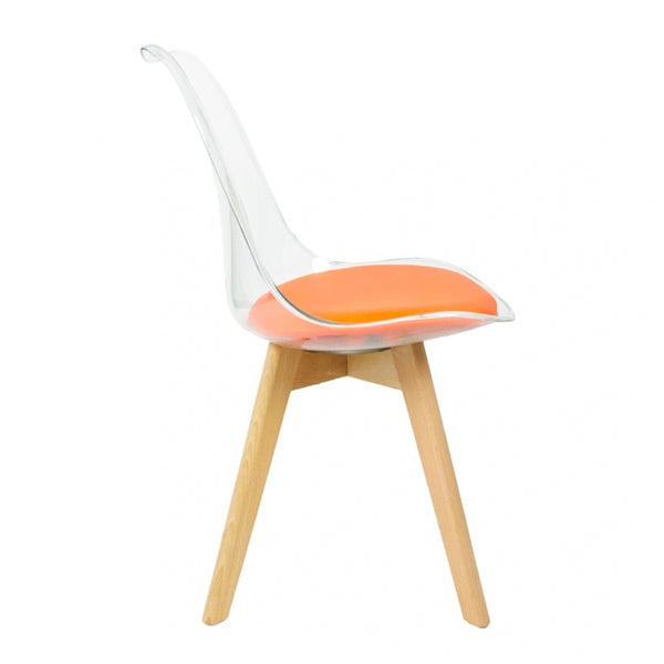 Soho Clear and Orange Plastic Dining Chair with Squared Light Wood Legs