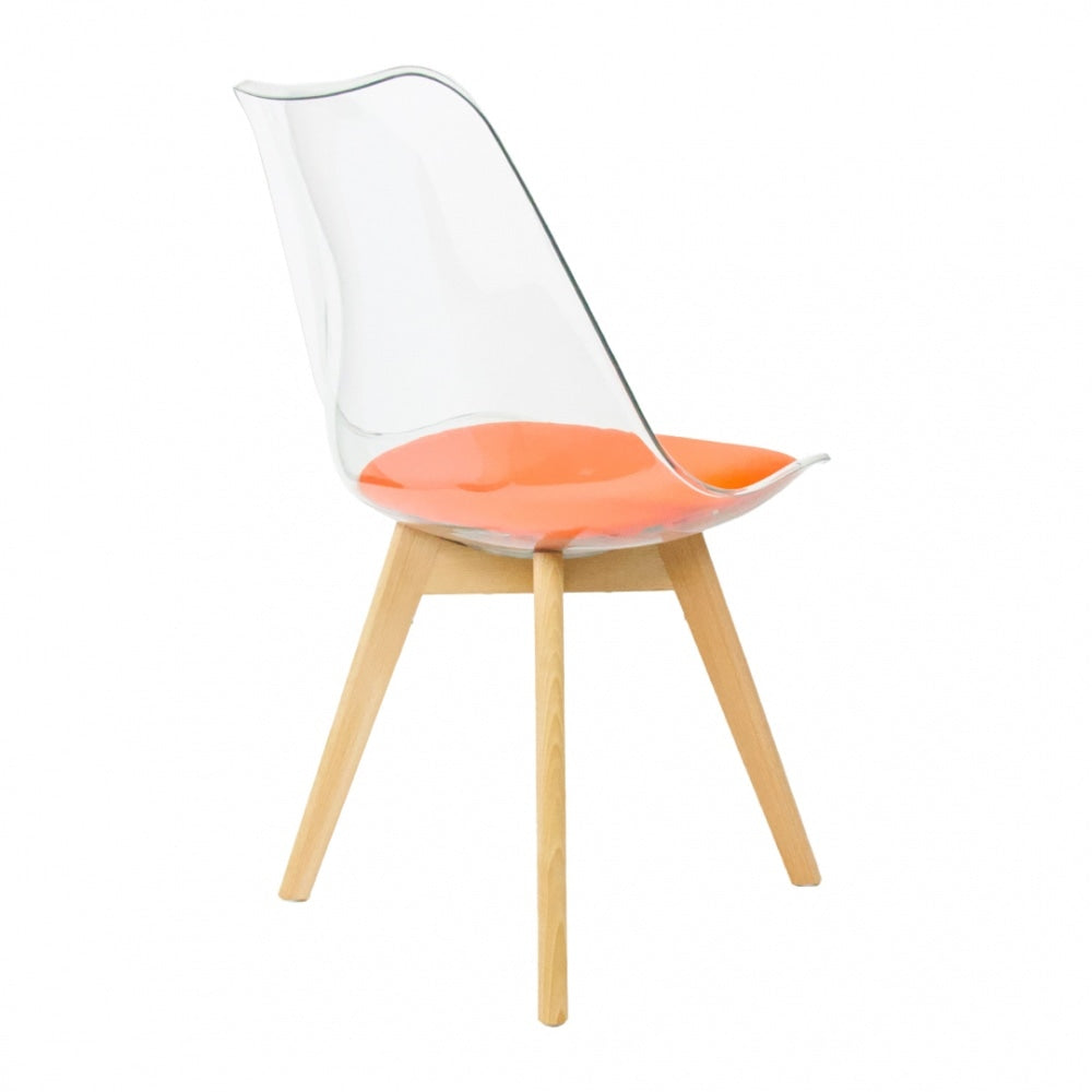 Soho Clear and Orange Plastic Dining Chair with Squared Light Wood Legs