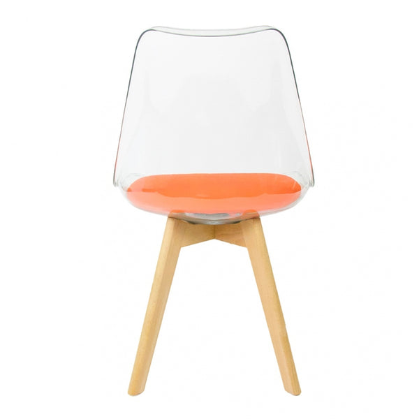 Soho Clear and Orange Plastic Dining Chair with Squared Light Wood Legs