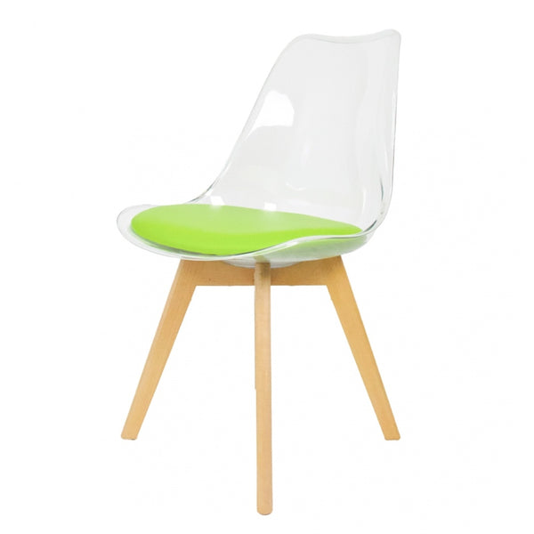 Soho Clear and Green Plastic Dining Chair with Squared Light Wood Legs