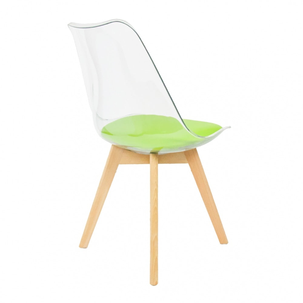 Soho Clear and Green Plastic Dining Chair with Squared Light Wood Legs