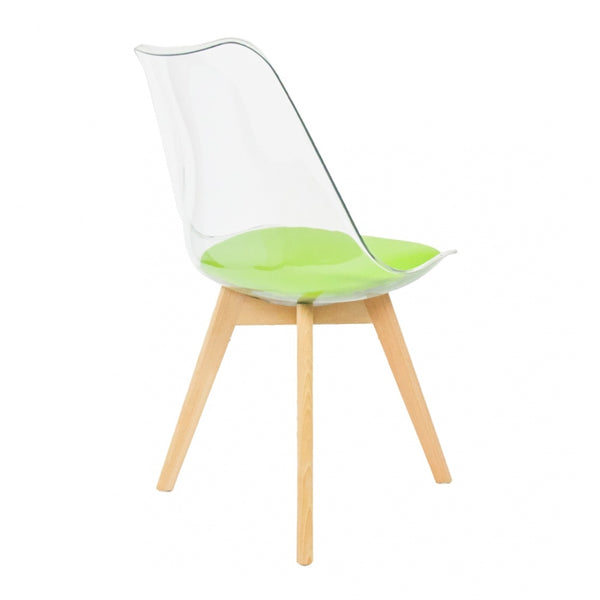 Soho Clear and Green Plastic Dining Chair with Squared Light Wood Legs