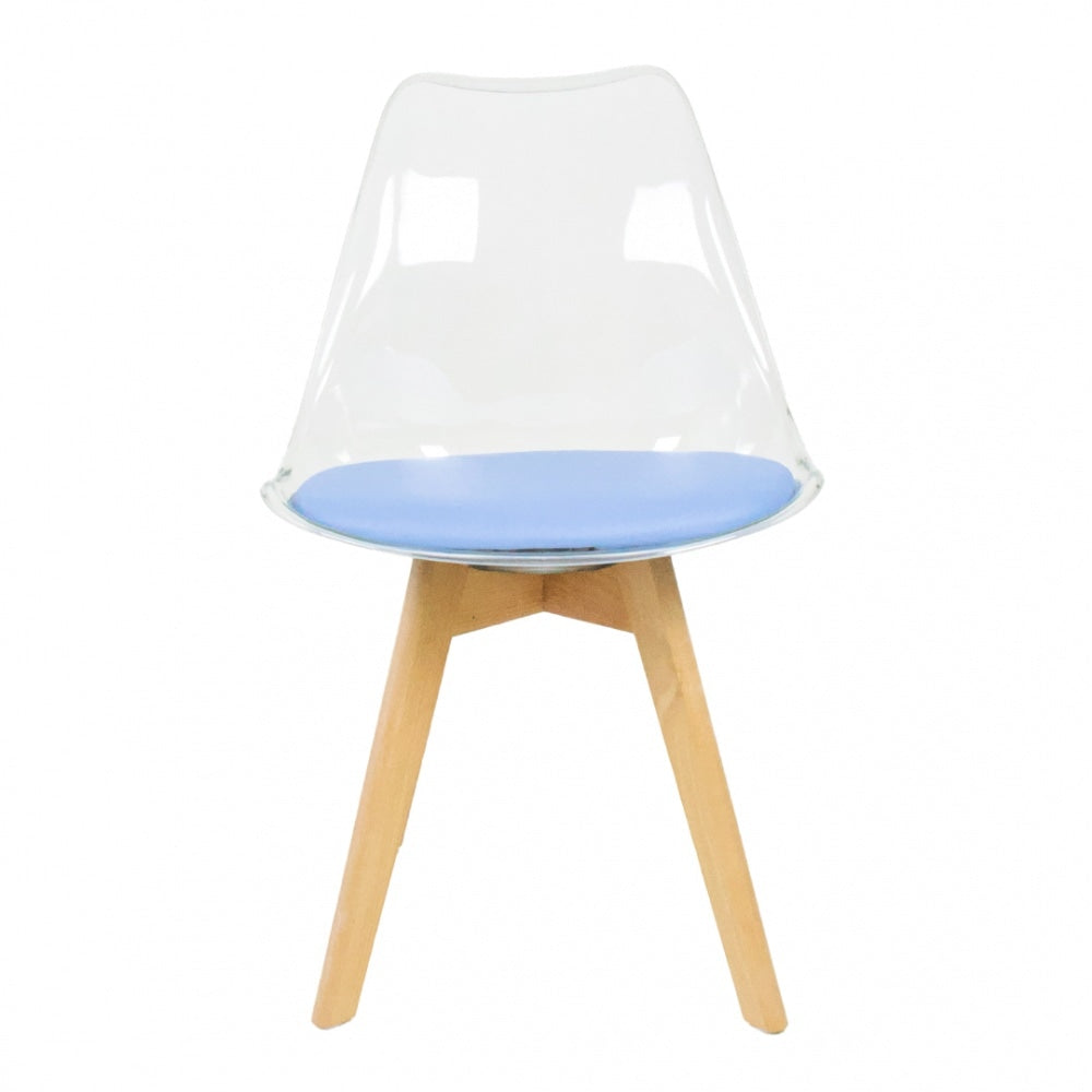 Soho Clear and Blue Plastic Dining Chair with Squared Light Wood Legs