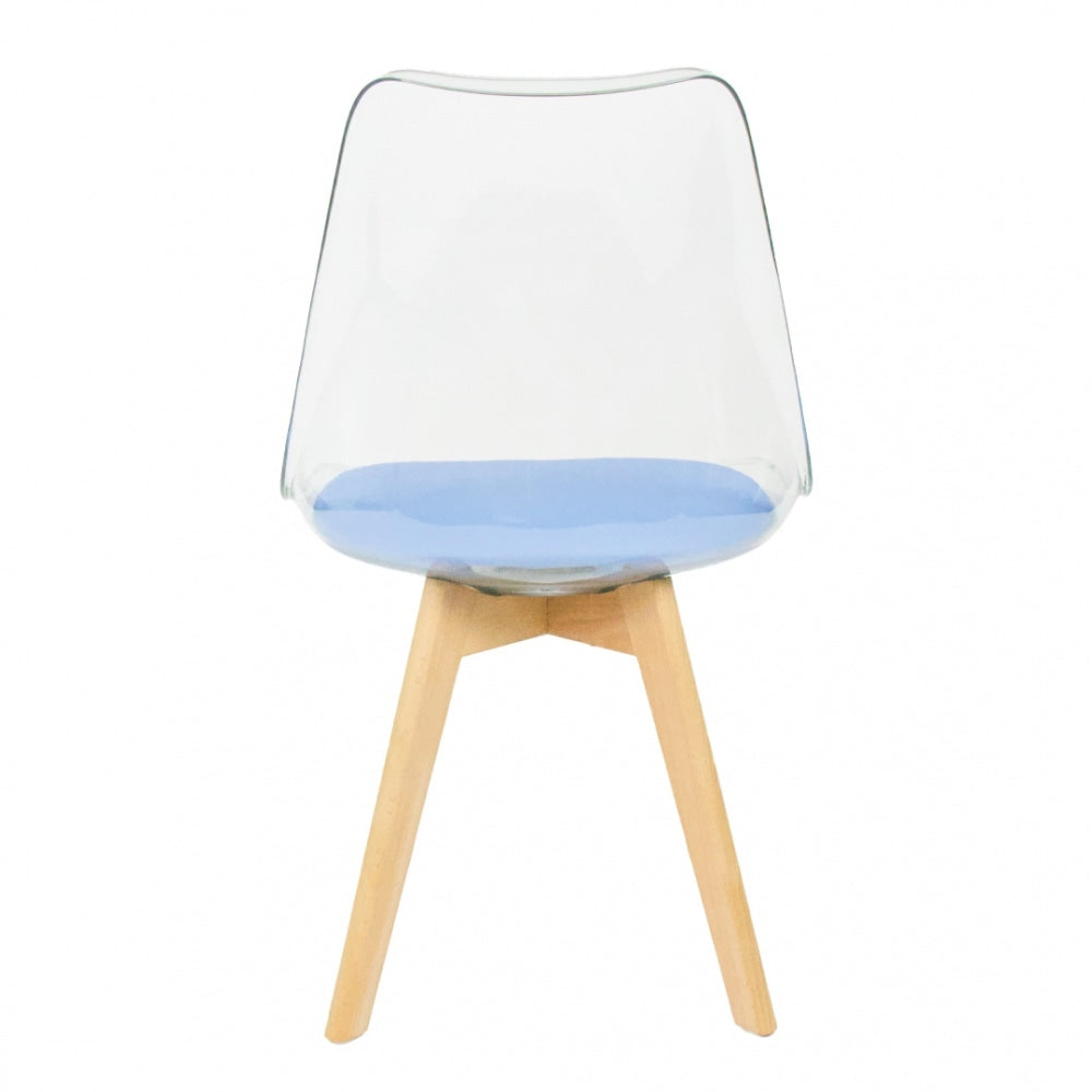 Soho Clear and Blue Plastic Dining Chair with Squared Light Wood Legs