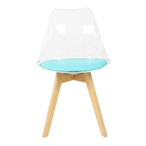 Soho Clear and Aqua Plastic Dining Chair with Squared Light Wood Legs