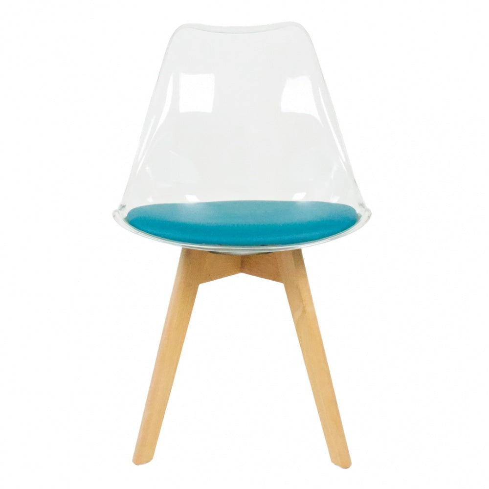 Soho Clear and Teal Plastic Dining Chair with Squared Light Wood Legs