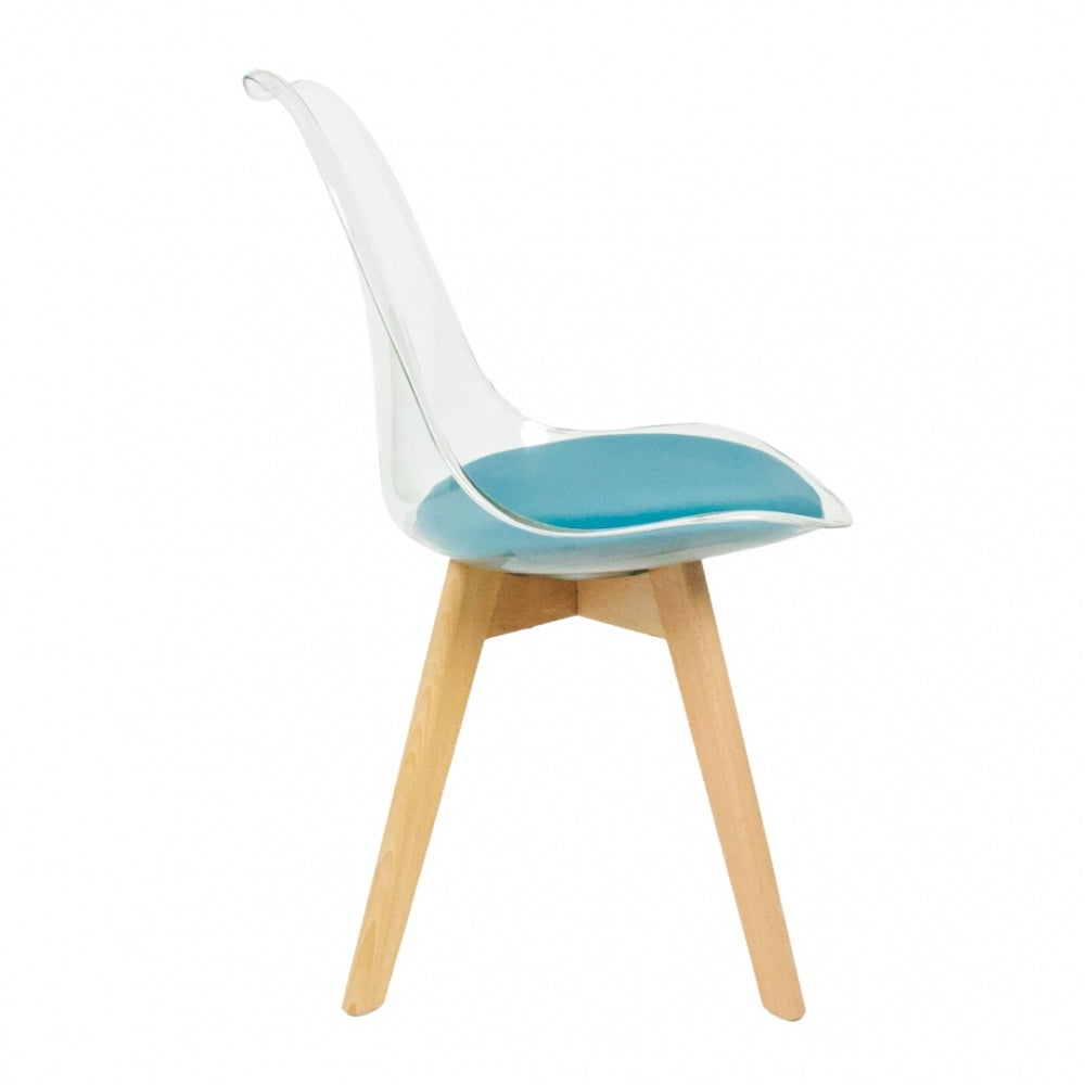 Soho Clear and Teal Plastic Dining Chair with Squared Light Wood Legs