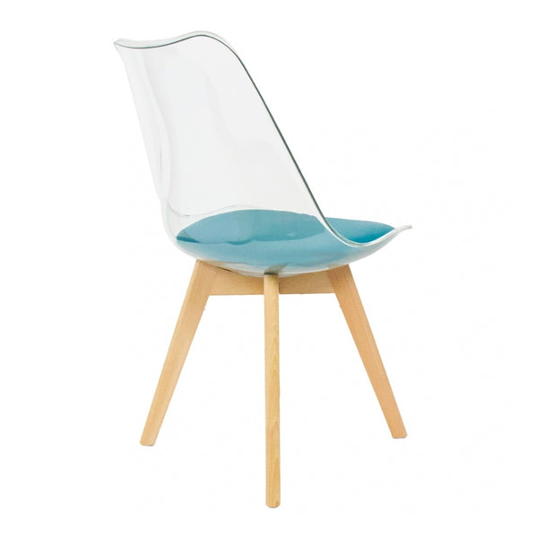 Soho Clear and Teal Plastic Dining Chair with Squared Light Wood Legs