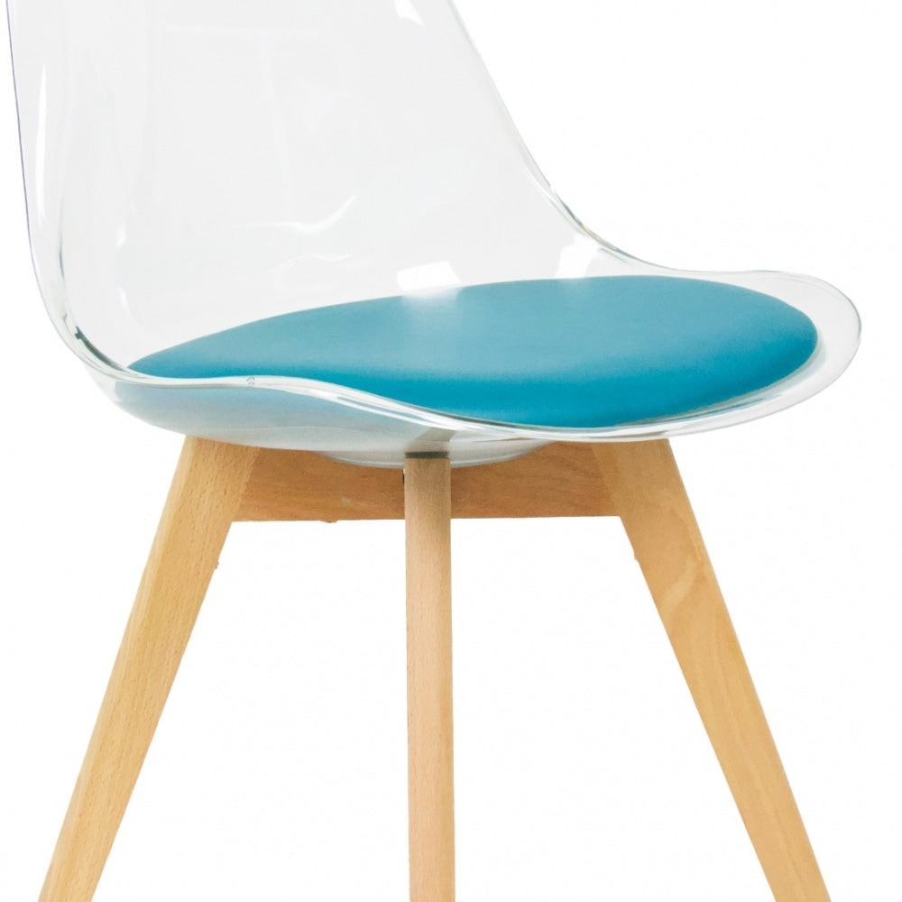 Soho Clear and Teal Plastic Dining Chair with Squared Light Wood Legs