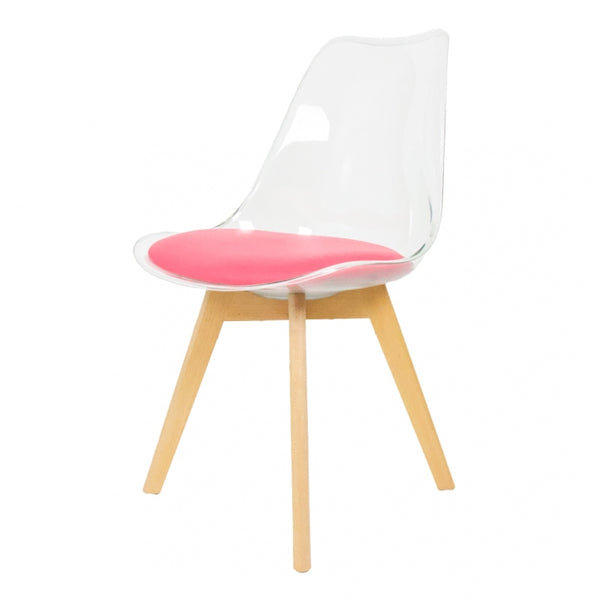 Soho Clear and Bright Pink Plastic Dining Chair with Squared Light Wood Legs