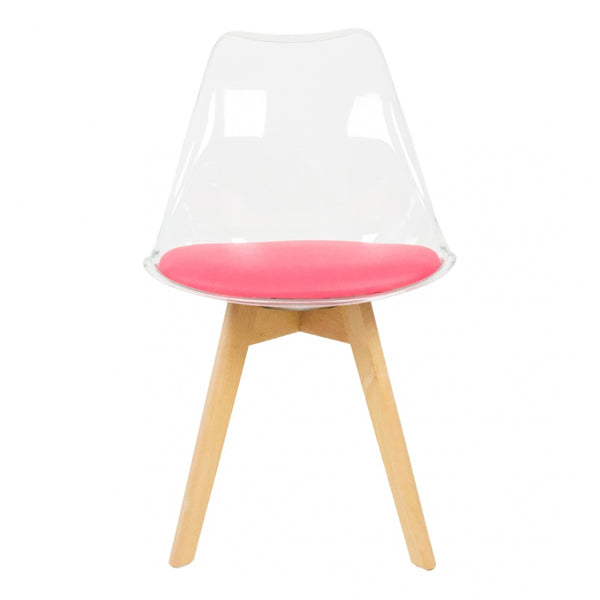 Soho Clear and Bright Pink Plastic Dining Chair with Squared Light Wood Legs