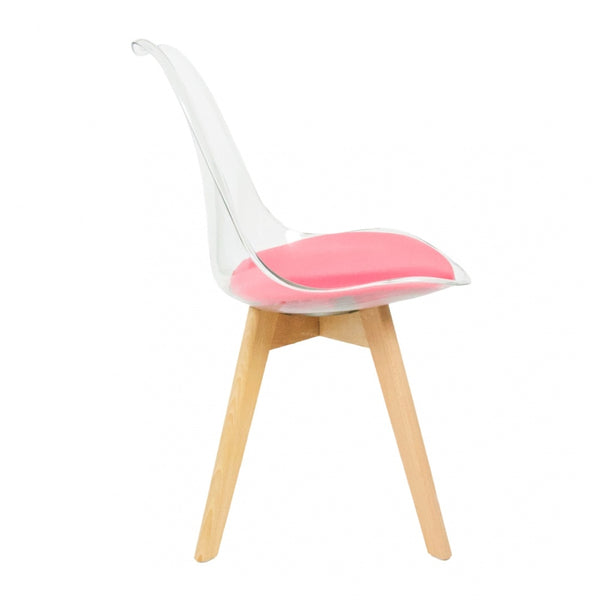 Soho Clear and Bright Pink Plastic Dining Chair with Squared Light Wood Legs