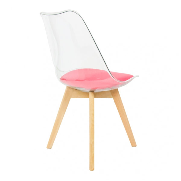 Soho Clear and Bright Pink Plastic Dining Chair with Squared Light Wood Legs