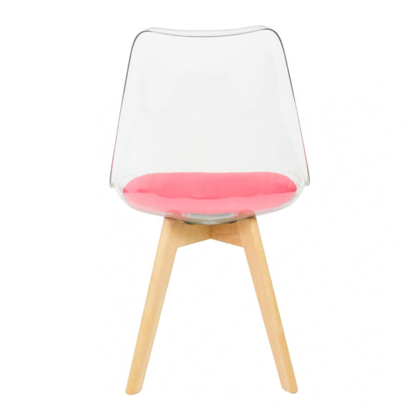 Soho Clear and Bright Pink Plastic Dining Chair with Squared Light Wood Legs