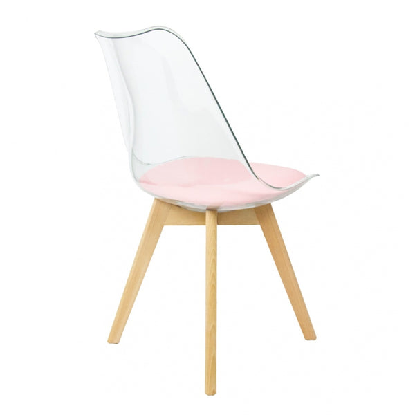 Soho Clear and Blush Pink Plastic Dining Chair with Squared Light Wood Legs