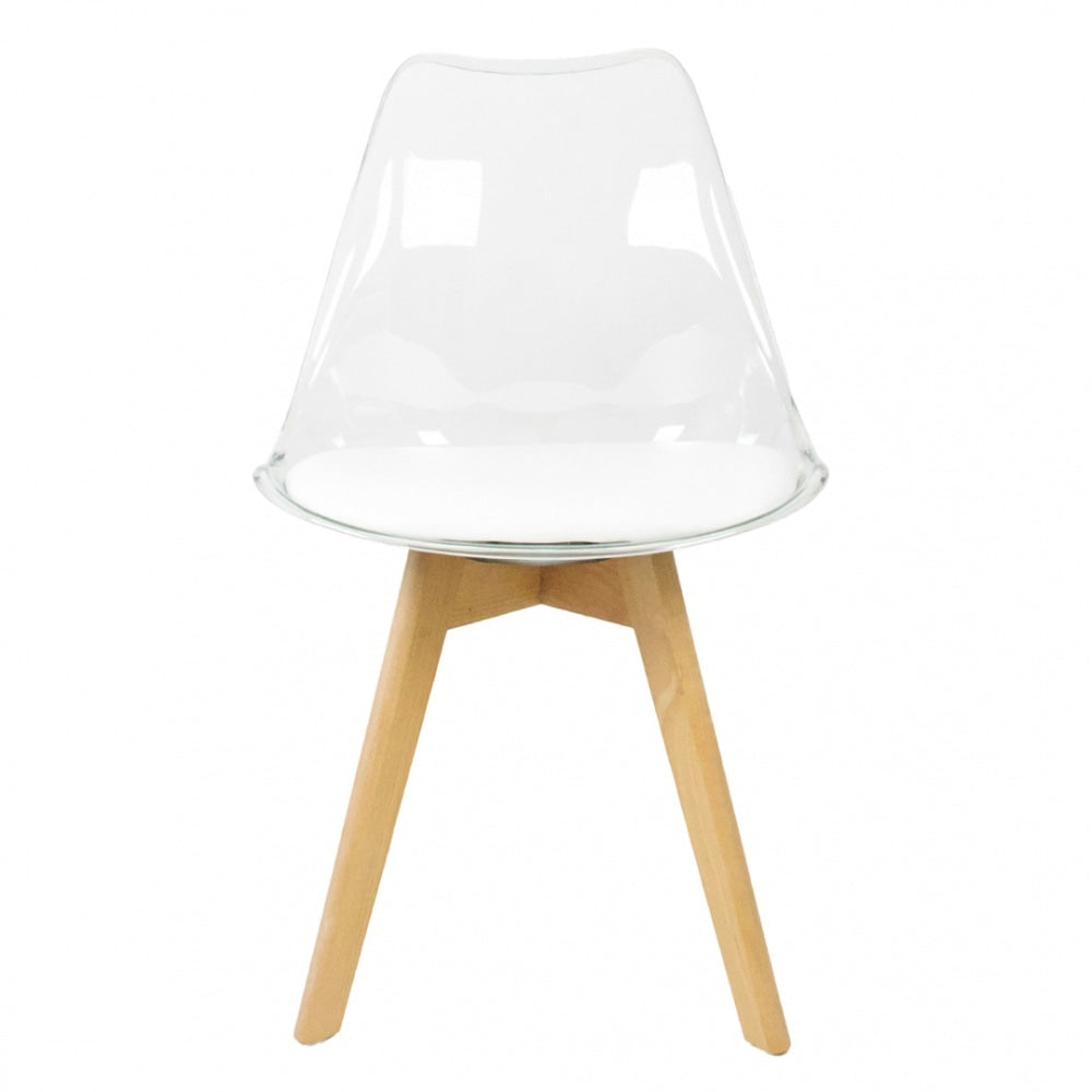 Soho Clear and White Plastic Dining Chair with Squared Light Wood Legs