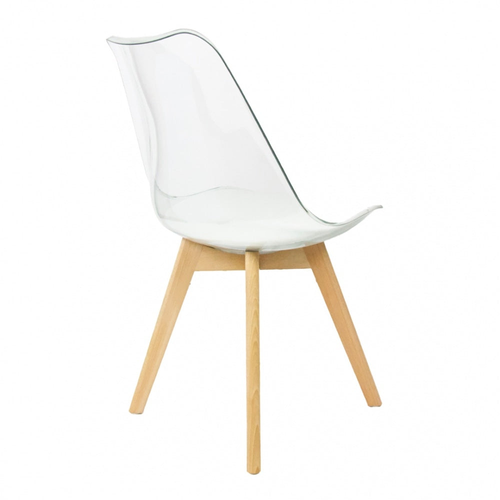 Soho Clear and White Plastic Dining Chair with Squared Light Wood Legs