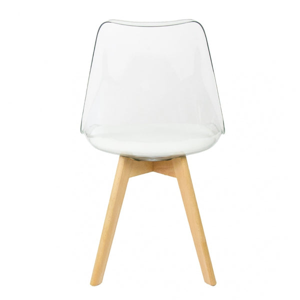 Soho Clear and White Plastic Dining Chair with Squared Light Wood Legs