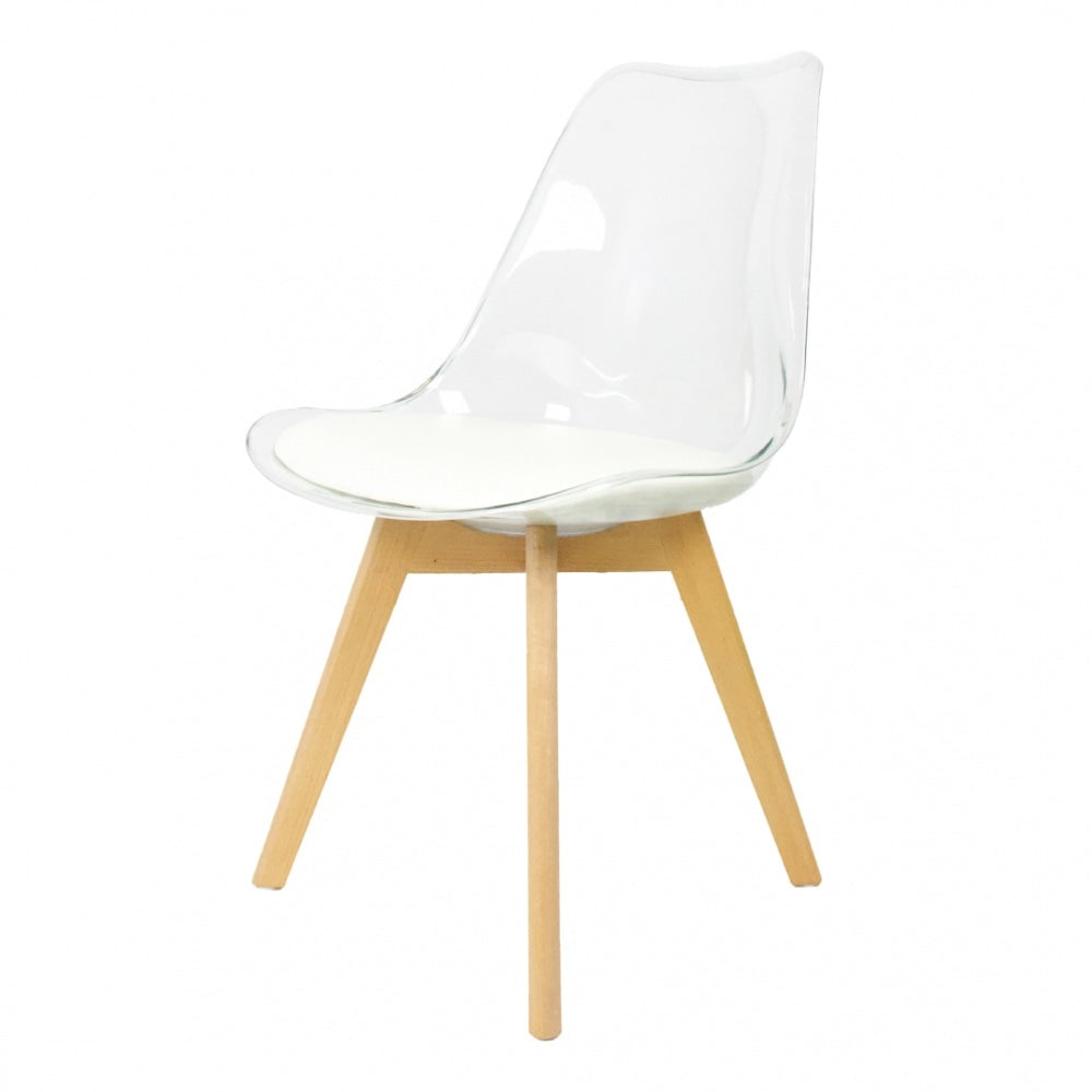 Soho Clear and Vanilla Plastic Dining Chair with Squared Light Wood Legs