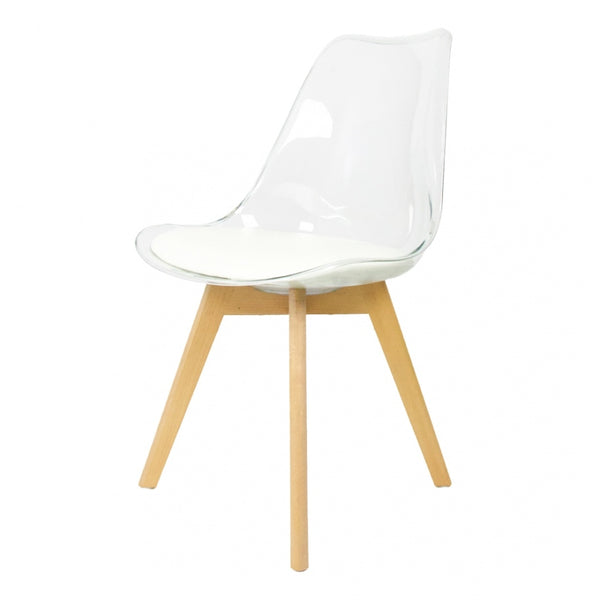 Soho Clear and Vanilla Plastic Dining Chair with Squared Light Wood Legs