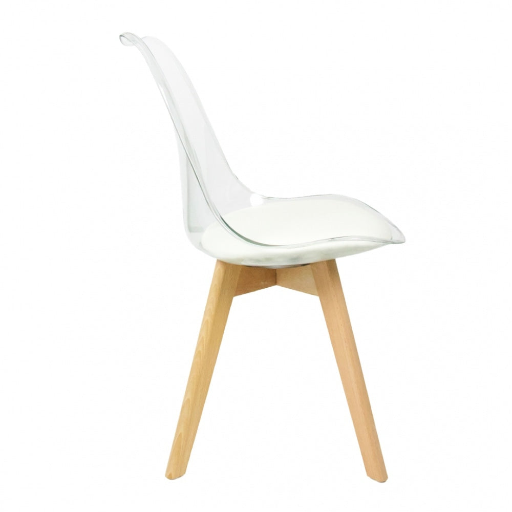 Soho Clear and Vanilla Plastic Dining Chair with Squared Light Wood Legs