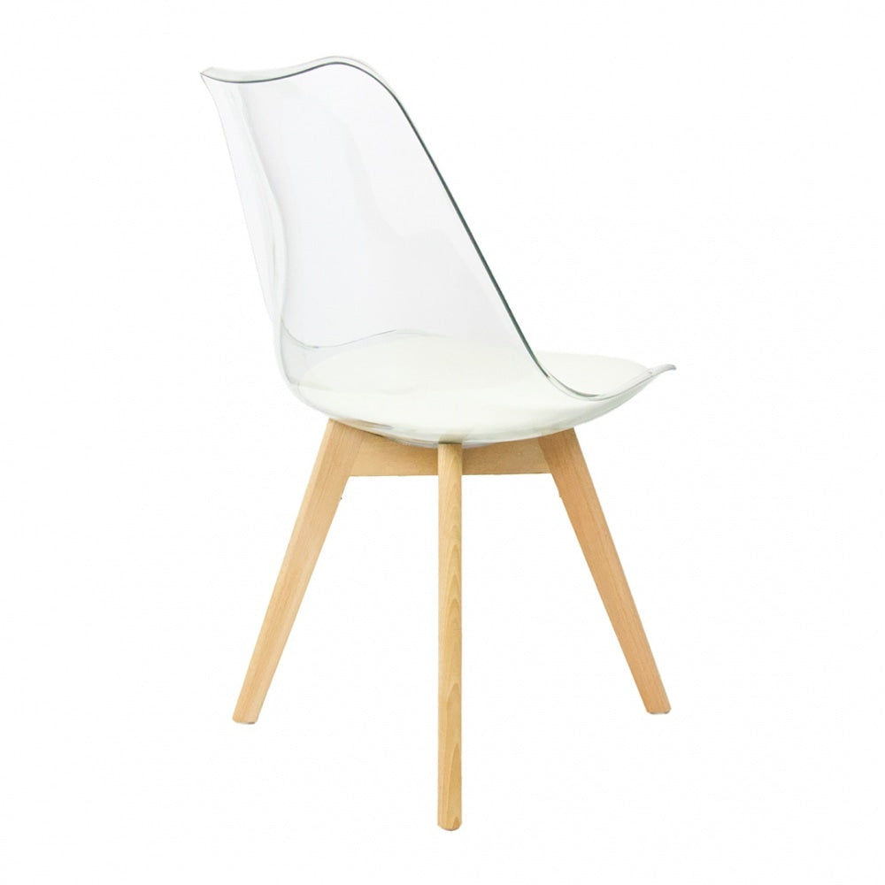 Soho Clear and Vanilla Plastic Dining Chair with Squared Light Wood Legs