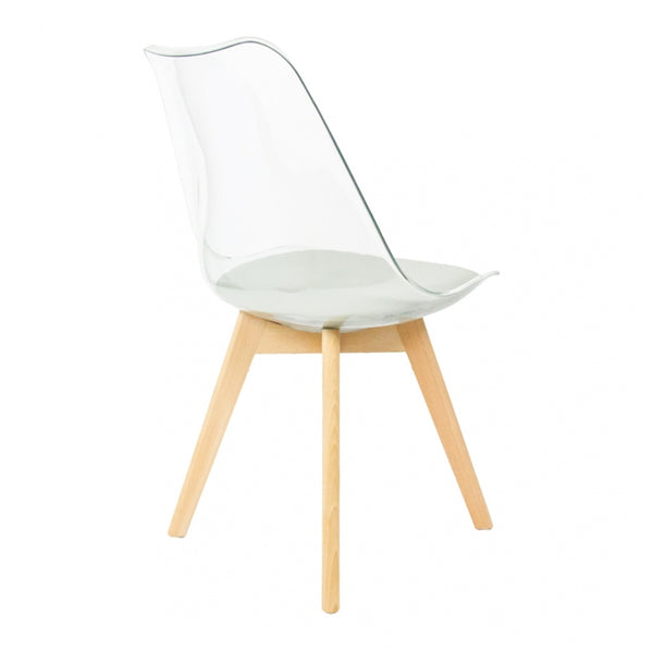 Soho Clear and Light Grey Plastic Dining Chair with Squared Light Wood Legs