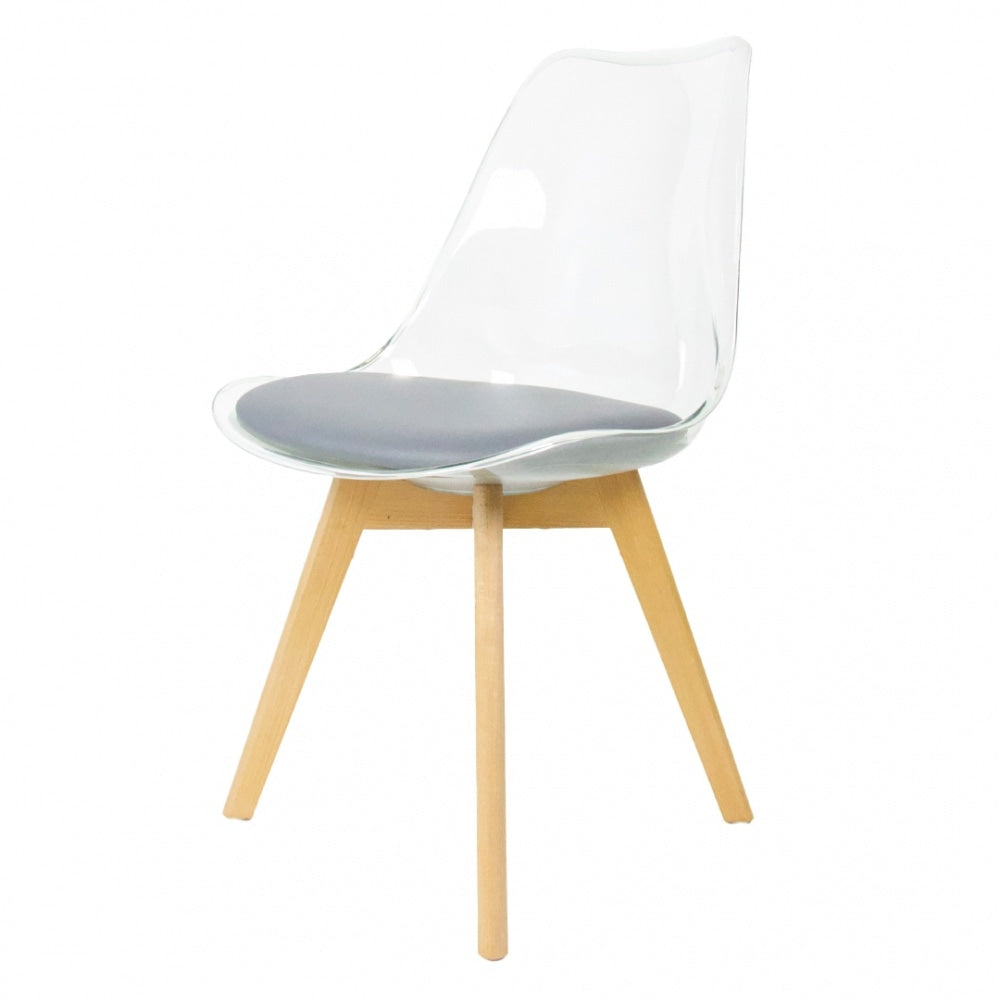 Soho Clear and Dark Grey Plastic Dining Chair with Squared Light Wood Legs