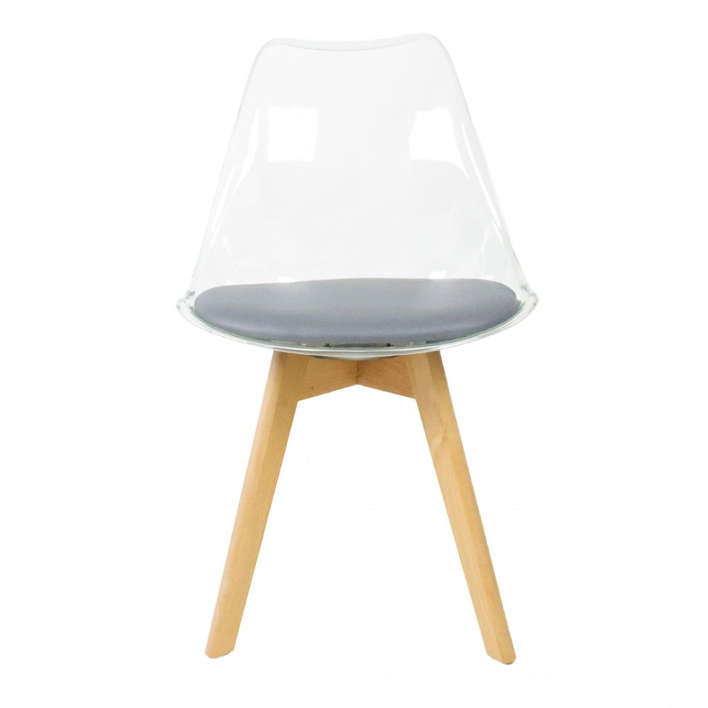 Soho Clear and Dark Grey Plastic Dining Chair with Squared Light Wood Legs